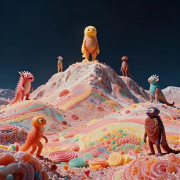 psychedelic creatures ascending a mountainous candy landscape, dramatic composition film cinematography, figurative surrealism depicting complex geometry, pop art 3 d fractal rendering, juxtapoz, 4 k wallpaper masterpiece
