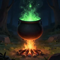 a black cauldron filled with a magical green glowing potion hanging above a small campfire, night, fantasy, digital art, mysterious