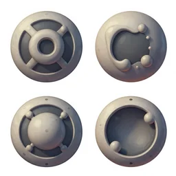 game asset sheet, 2 d sprite, surreal shapes inside round material study