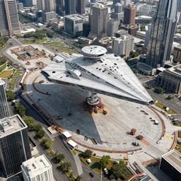 Aerial view of a city, in the middle is an enormous landing place for spaceships, currently an Imperial Star Destroyer from Star Wars is hovering above the landing pad, construction is set up around the landing pad