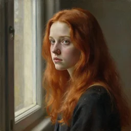 a window - lit realistic portrait painting of a thoughtful girl resembling a young, shy, redheaded alicia vikander or millie bobby brown, lit by a window at the side, highly detailed, intricate, by leonardo davinci and rosetti