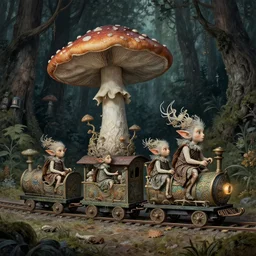 intricate detailed mushroom elves riding train in a dark mysterious forest by mark ryden