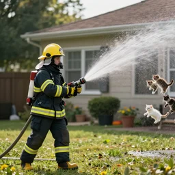 a fireman aiming a hose at a house fire but kittens are flying out of the hose instead of water
