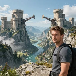 A intelligent man looking right at you while on a mountain top with an incredibly impressive scenery on the background where two giant castles fight each other with catapults surounded by beatifull mountains and rivers,  trending on artstation, octane render, photo realistic
