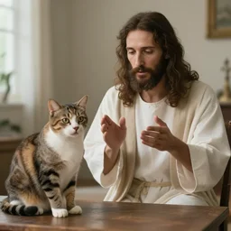 realistic photo of jesus explaining the meaning of life to a cross - eyed cat,