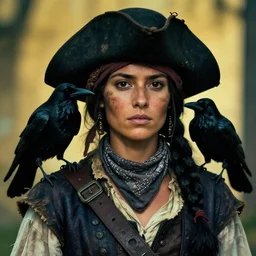 a portrait photo of an 18th century hispanic pirate woman with olive skin black eyes and short black hair, well defined jawline, young adult, dirty and ragged, wearing a bandana and a black hat, with a crow on her shoulder, HD photography, 30mm, flickr, cinematic lighting, gold and teal color graded, movie shot, no makeup