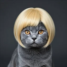 professional photo of a blue cat, blonde wig, short hair wig, super saiyan hair cut, studio lighting, very detailed, unreal engine, canon photo, professional lighting, good composition, winning award photo, real cat, real,