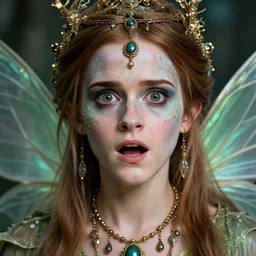 portrait of startled scared surprised fairy, her eyes are filled with fear, symmetric, facepaint facepaint facepaint, intricate jewelry, trending on artstation 4 k, in the style of karol bak and tom bagshaw, bust with face of emma watson