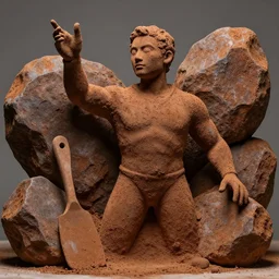 highly detailed photography of a men made of rust clay, big rocks, hand gesture, sharp focus, clay texture, dramatic scene, aesthetic, dynamic lighting, elegant, harmony, masterpiece, by roberto ferri, high quality, spatula