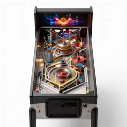 industrial pinball machine, high detail macro photography, isolated on a pure white background, centered, entire object in frame, sharp focus, soft studio lighting