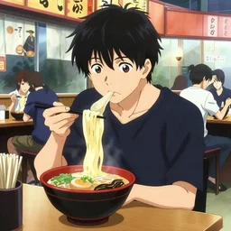 anime visual, full body illustration a young man having lunch at a ramen stall at midnight, handsome face by ilya kuvshinov, yoshinari yoh, makoto shinkai, katsura masakazu, dynamic perspective pose, detailed facial features, kyoani, rounded eyes, crisp and sharp, cel shad, anime poster, ambient light,
