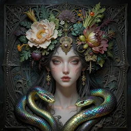 portrait of the young goddess of iridescent snakes descend into the dimmed cyberpunk lights, unusually unique beauty with large elaborate headdress of flowers and plants and vegetables, emotionally evoking symbolic metaphors, head in focus, fantasy, heavily embossed gothic ornamental, intricate, elegant, sensual, highly detailed digital painting, artstation, concept art, golden ratio, sharp focus, illustration, art by greg rutkowski and alphonse mucha,