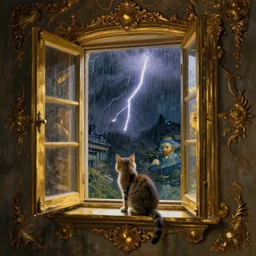 a small cat on a small windowsill during a thunderstorm, studio lighting, golden ratio, details, masterpiece, fine art, intricate, decadent, ornate, highly detailed, digital painting, octane render, ray tracing reflections, 8 k, artstation, concept art, smooth, sharp focus, illustration, art by claude monet and vincent van gogh and van eyck
