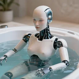hyper realistic roboter cybord human in a hot tub