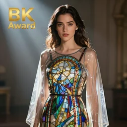 beautiful woman wearing stained glass dress, highly detailed, ray of light, translucent, 35mm lens, award winning, 8K