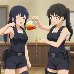 anime girl swat team pouring syrup on each other