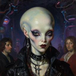 close up portrait of a punk goth alien martian girl in a cyberpunk futuristic night club by ellen von unwerth, oil painting by canaletto hieronymus bosh leonardo da vinci piero della francesca botticelli
