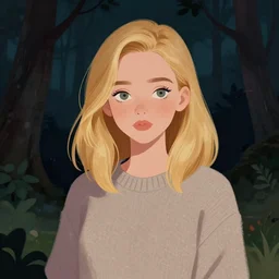 digital illustration of pretty girl sabrina, with shoulder length blonde hair wearing a sweater, forest at night, by ilya kuvshinov, lois van baarle, rossdraws, basquiat