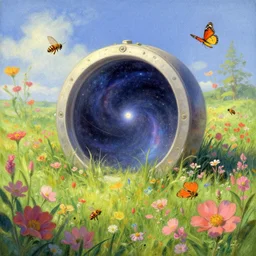 intergalactic stargate portal in the middle of a field of flowers, with bees and butterflies all around it by thomas kinkaid