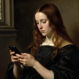 a pre raphaelite painting of daisy ridley looking disinterestedly at her phone by dante gabriel rossett