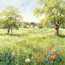 a hiper intricate watercolor of a beatifull serene field with some trees and poppys little village in the background, extremely detailed, sharp focus, wide view, smooth, digital illustration, colorfull, by william turner art, by greg rutowski, by carl larson, by edmund dulac