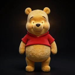 photograph of winnie the pooh with illuminated eyes, light coming out of his eyes, standing in the middle of the room, black background