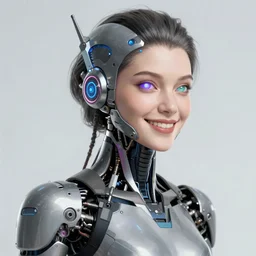 portrait of a heavily cybernetically enhanced woman smiling with a glowing eye, hajime sorayama, 4 k, artstation, expressive