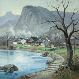 a gorgeous bleak spring landscape painting by barlowe wayne maxfield parrish and marco mazzoni. tree no leaf!! china mountain village!! smoke curling up from kitchen chimneys, grey blue and light verdancy. the lake ice is melting. the winding stone steps. ultra clear detailed. 3 d, octane render. chinese wuxia. 8 k