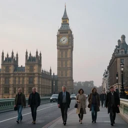 a street with big ben in the background, misty evening, fantasy art, highly detailed matte painting, low angle view, telephoto lens 2 0 0 mm, by stanley artgerm lau, greg rutkowski, thomas kinkade, alphonse mucha, loish, norman rockwell, artstation
