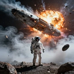 astronaut stranded on planet, destroyed ship that is crash landing, exploding planet in background, fire, white smoke, impending fear, 4 k, dystopian, lonely, isolated space station in space, sci - fi, crash landing, asteroids.