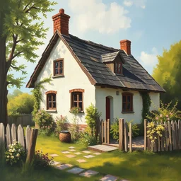 painting of an old cottage