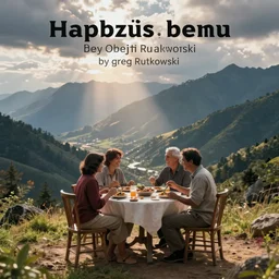 noibat eating dinner at a table happiness is temporary by greg rutkowski