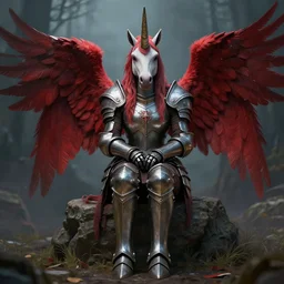 sad woman hybrid unicorn horn and red feathery wings, calm, melancholy scenery, full body armor, metallic, unreal engine, cinematic lights, high detail, fantasy classic digital art, james ryman, sea of thieves style