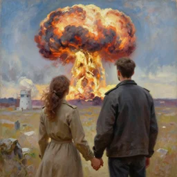 a couple holding hands looking at a nuclear explosion, oil painting, realism, very beautiful, painting by leonid afremov