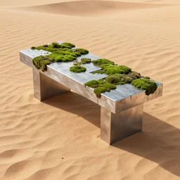 a modern table made of rectangle tetris, made of silver steel and moss, octane render, trending on artstation, on the hard desert floor