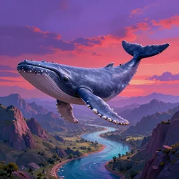 digital octane render of a huge whale with tiny small little wings, the whale is flying over the landscape, the landscape is filled with mountains, violet red colorful vibrant sky, vibrant water river, fully detailed, high quality painting, matte painting, trending on artstation, trending on deviant art, octane render, volumetric lightening, 3 d