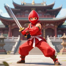 a strawberry ninja with his sword, ready for battle, in front of the temple
