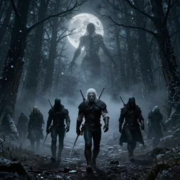 the wild hunt, ghost riders in the full moon, skeletal shadow creatures, lurking enchanted forest, blizzard, mist, treacherous road, uneasy atmosphere, from the witcher, cinematic, arnold gpu, octane workflow, 8 k, unreal 5, hyperrealist, cohesive composition, intricate digital art, volumetric lighting, trending artstation, dark fantasy