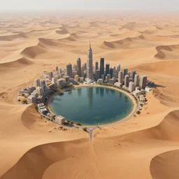 a city built atop a single water pit surrounded by a vast sand dune desert, digital painting, trending on art station, highly detailed, intricate, diffuse lighting, art by craig mullins, greg rutkowski