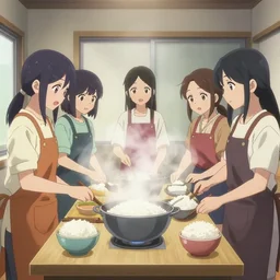 5 anime sisters cooking rice in Daly City creating hot fog
