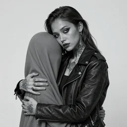 Hot young woman, grey skin, void eyeballs, tattoos, wearing a leather jacket, hugging a shrouded person as they cry on her chest, comforting, touching, wholesome, art, watercolour, big sister, little brother, 8k