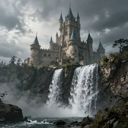 a fantasy castle on top of a waterfall, beautiful landscape, environment, low angle view, concept art, low angle, high detail, volumetric, dramatic lighting, long shadows, ominous, misty, beautiful, by wadim kashin and jeremy mann, breathtaking scene, cinematic, 8 k