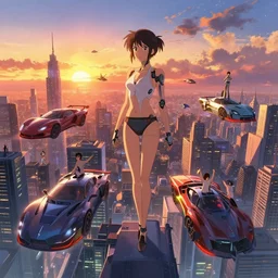 surreal cyberpunk city awesome sunset sexy robots powerful cars flying between skylines happy people digital art of an anime style made by makoto shinkai