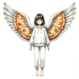 a fairy girl, wearing a hoodie and sweatpants, symmetrical wings, wings made of pizza, basic white background, symmetrical, watercolor, pen and ink, intricate line drawings, by Yoshitaka Amano, Ruan Jia, Kentaro Miura, Artgerm, detailed, trending on artstation, hd, masterpiece,