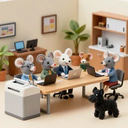 a happy accounting firm staffed by different types of hyper-realistic felted toy mice, with a xerox machine, computers, kitchenette and conferenceroom, with a small black woolly terrier dog as the manager, colourful, playful, miniature
