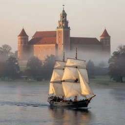painting of a sailing ship on Vistula river, Wawel castle visible, morning, fog, atmospheric lighting