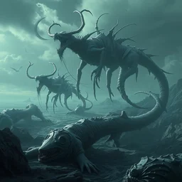 sirens, carcasses, character design, detailed rendering, realistic smooth detailed art, complex lines, concept art, scene art, panorama, by arsen asyrankulov + antonino truisi.