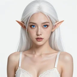 a beautiful portrait, white background, gorgeous fantasy elf. sexy bra, professionally retouched, soft lighting, freckles, realistic, smooth face, detailed gorgeous blue eyes, long white hair, cute ears, wide angle, sharp focus on the eyes, 8 k high definition, insanely detailed, intricate, elegant, sexy, beautiful, art by artgerm and wlop