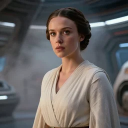 film still of!!!! millie bobby brown!!! as princess leia in star wars movie, closeup portrait, exploring interior of mass effect spaceship, glamour pose, dramatic lighting, octane, mist, volumetric lighting, 8 k