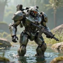 amphibious mobile combat armor stepping out of a pond with a lazer rifle dripping water. film still. brightly lit scene. this 4 k hd image is trending on artstation, featured on behance, well - rendered, extra crisp, features intricate detail, epic composition and the style of unreal engine.